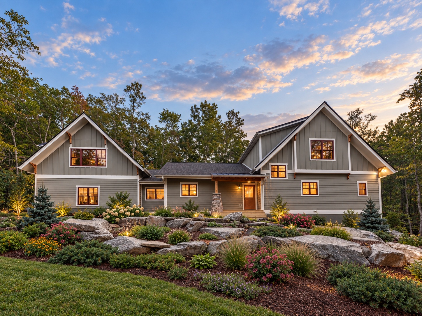 Gray and stone craftsman home with landscaped yard at sunset