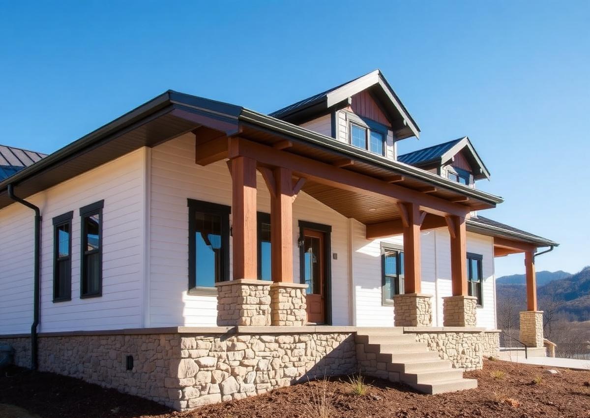 Modern mountain craftsman home with a timber porch and stone foundation