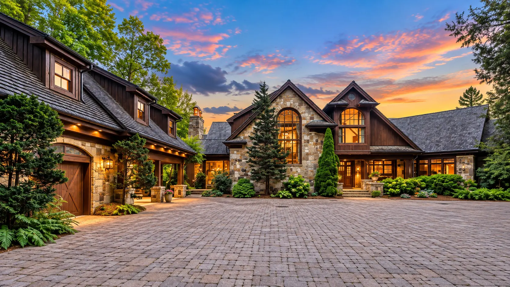 Grand stone and timber mountain estate at dusk with warm glowing windows