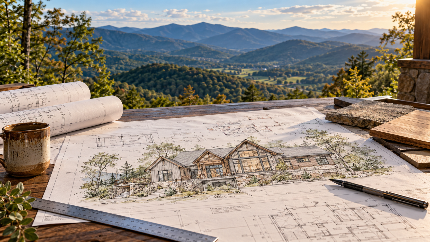 Architectural home plans arranged on a worktable overlooking the mountains