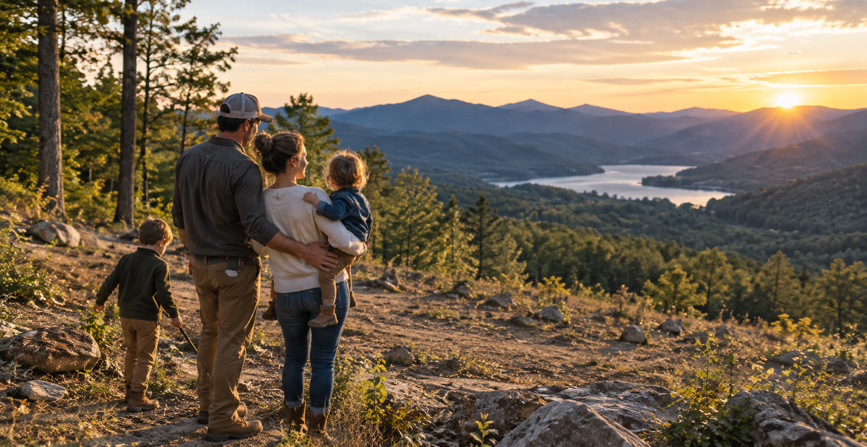 Family with two children overlooking a mountain lake homesite at sunset