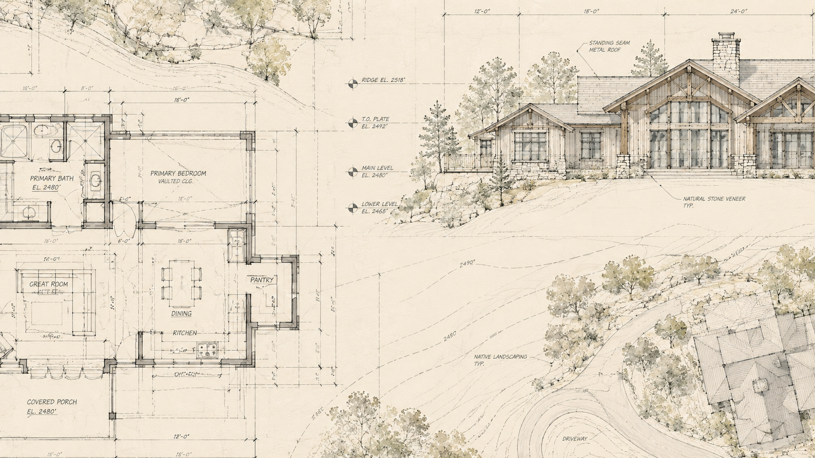 Detailed architectural floor plan and mountain home elevation