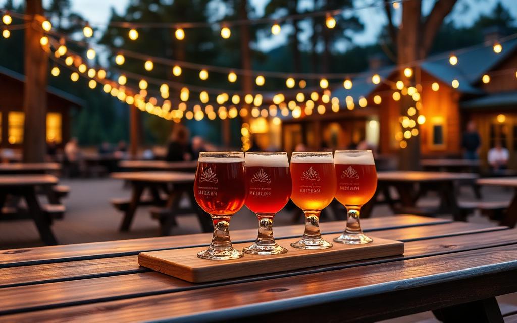 Warm interior of a Western North Carolina taproom with locals gathered at the bar