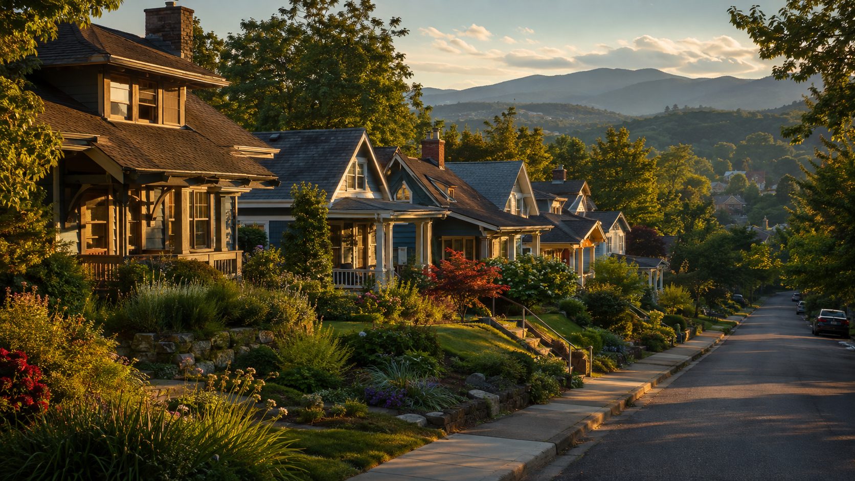 Tree-lined Asheville street of craftsman homes with the Blue Ridge Mountains in the distance