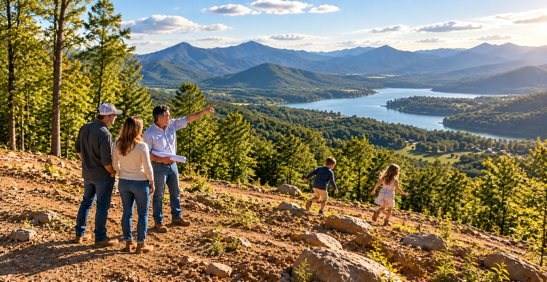 Brian walking a mountain homesite with a family, pointing out the view toward the lake and Blue Ridge