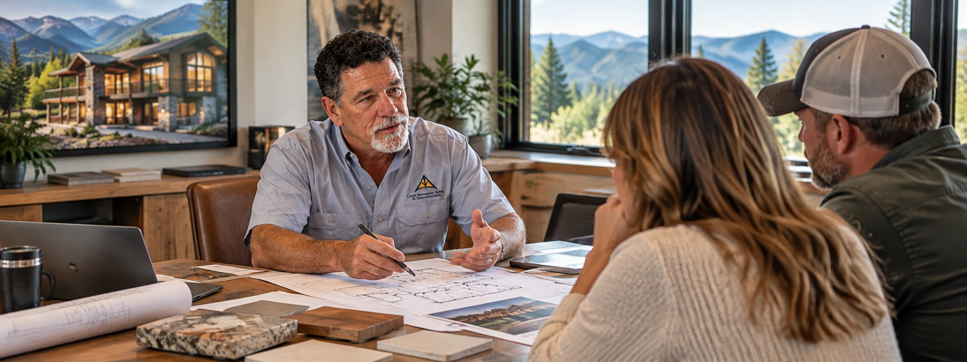 Brian meeting with a couple around a table of home plans and material samples