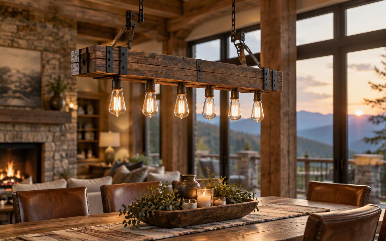 Warm wrought-iron and reclaimed-wood chandelier with Edison bulbs in a mountain home