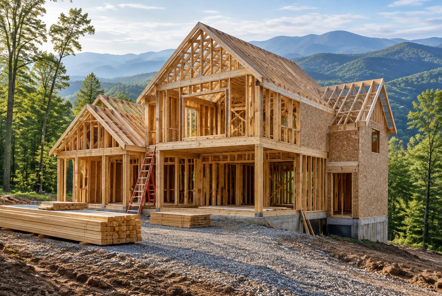 Timber-framed custom mountain home under construction with Blue Ridge ridges behind