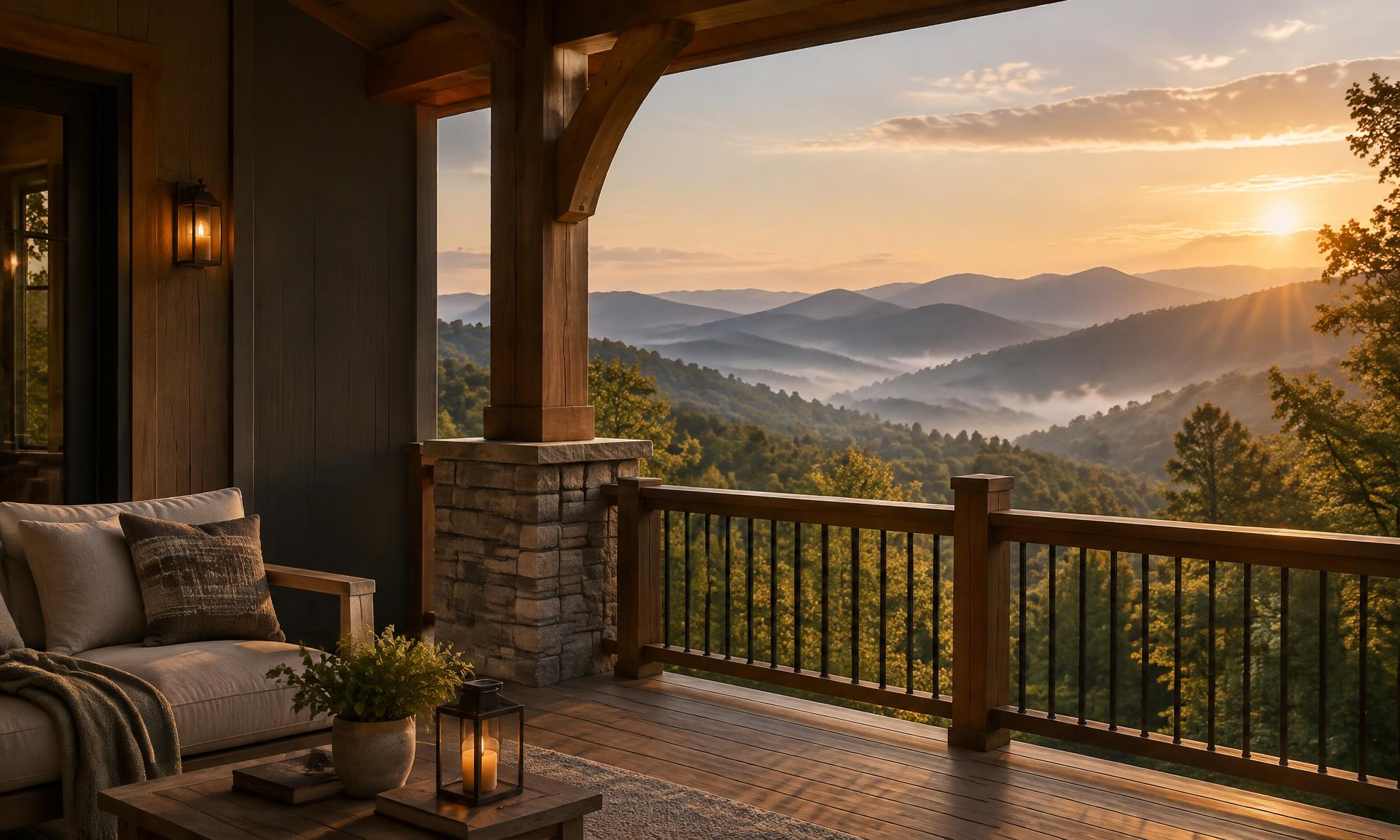 Covered porch of a Western North Carolina mountain home with timber beams, stone, and seating overlooking layered Blue Ridge views