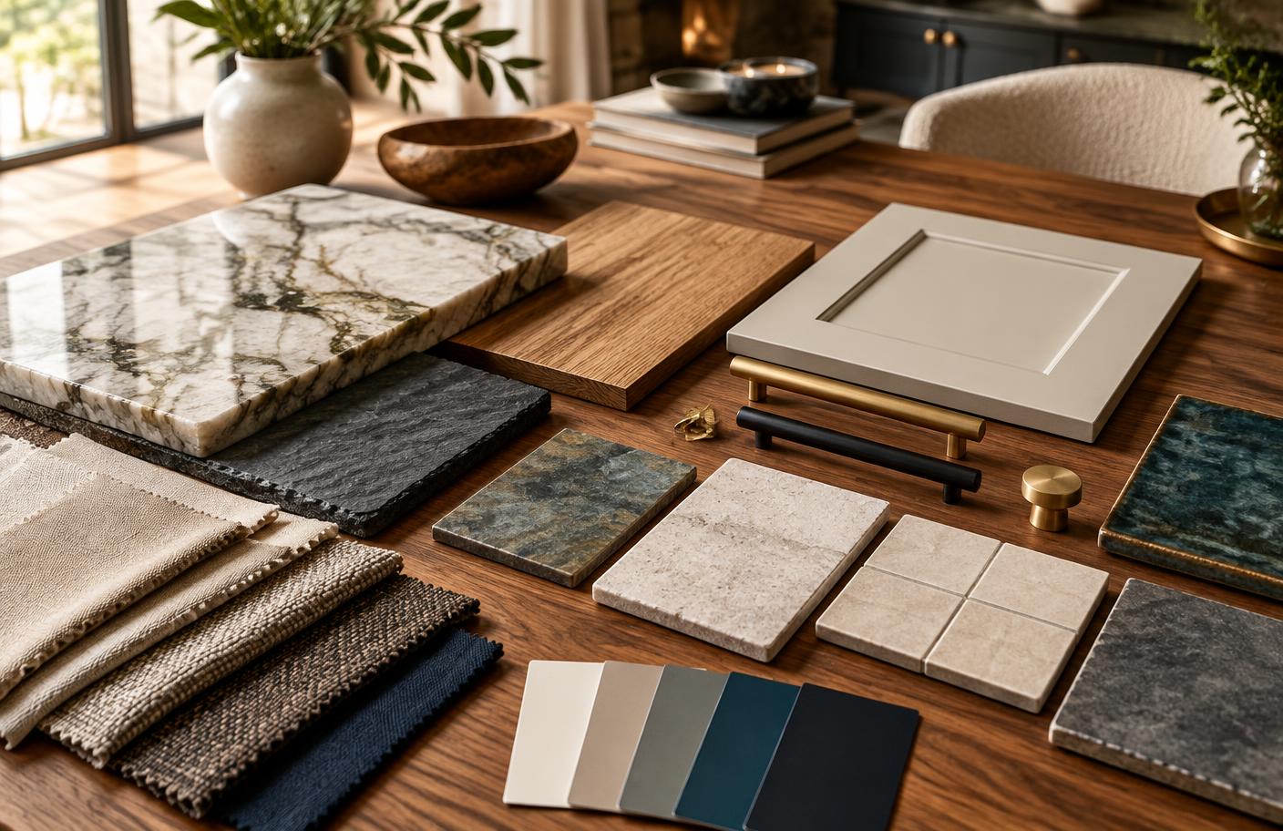 Curated stone, wood, tile, cabinet, hardware, and paint samples arranged on a design studio table