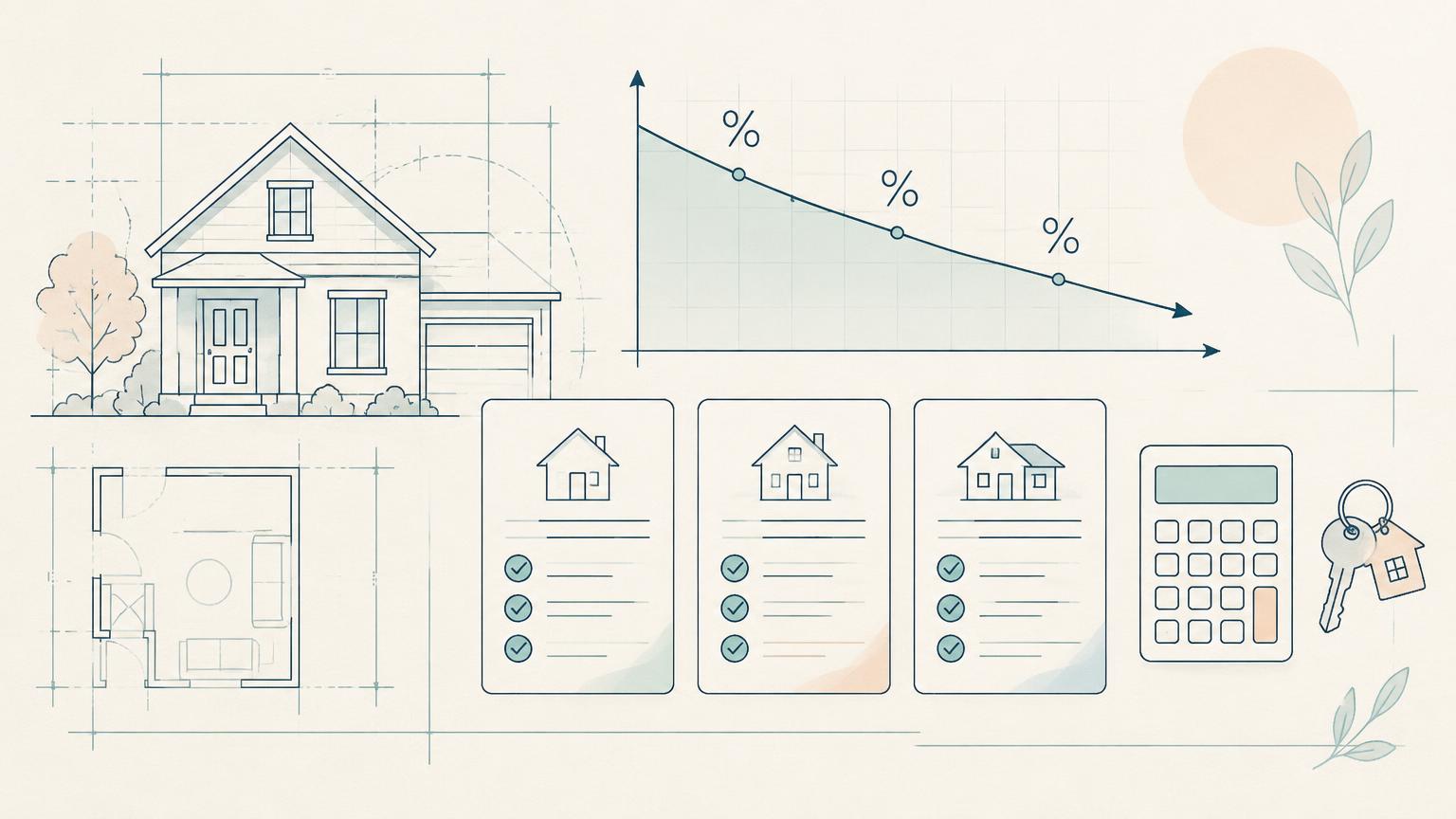 Illustrated mortgage planning schematic with a home, rate trend, and loan program options
